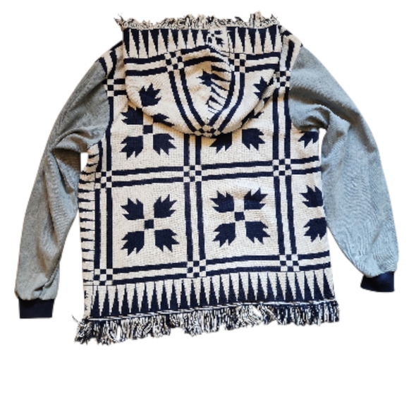 Blanket Hoodie Denim Sleeves Patterned Men's Hoodie Handmade - Picture 4 of 6